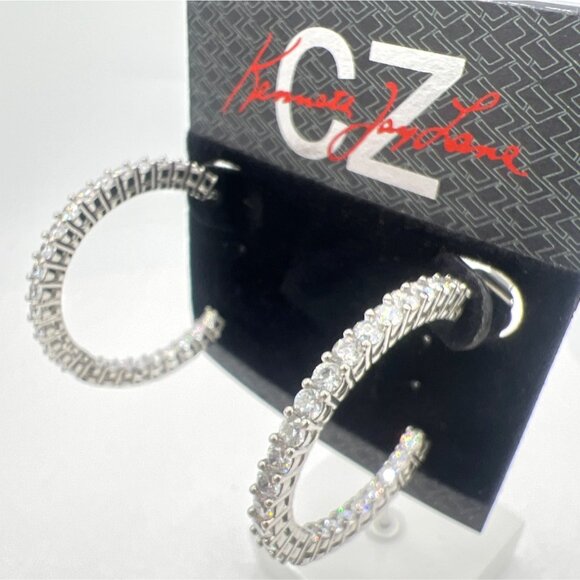 Kenneth Jay Lane Earrings CZ Hoop Inside Out Silver Tone Original Card - Picture 4 of 6